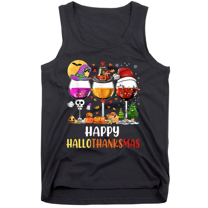 Happy Hallothanksmas Wine Hallween Thanksgiving Christmas Tank Top