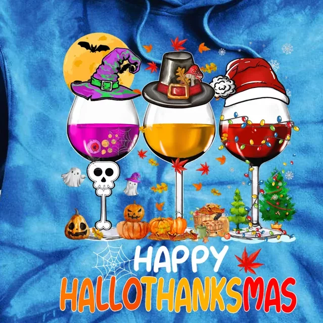 Happy Hallothanksmas Wine Glasses Witch Santa Hat Pumpkin Gift Tie Dye Hoodie