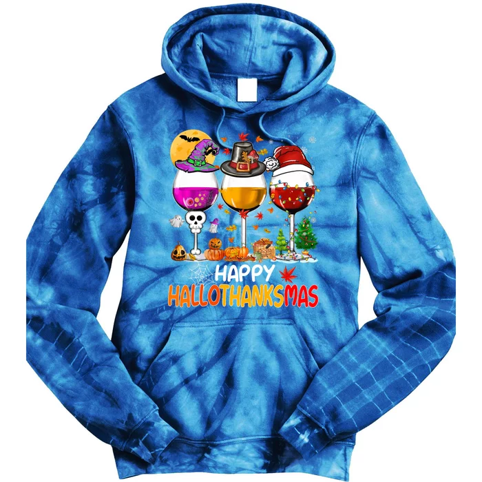 Happy Hallothanksmas Wine Glasses Witch Santa Hat Pumpkin Gift Tie Dye Hoodie