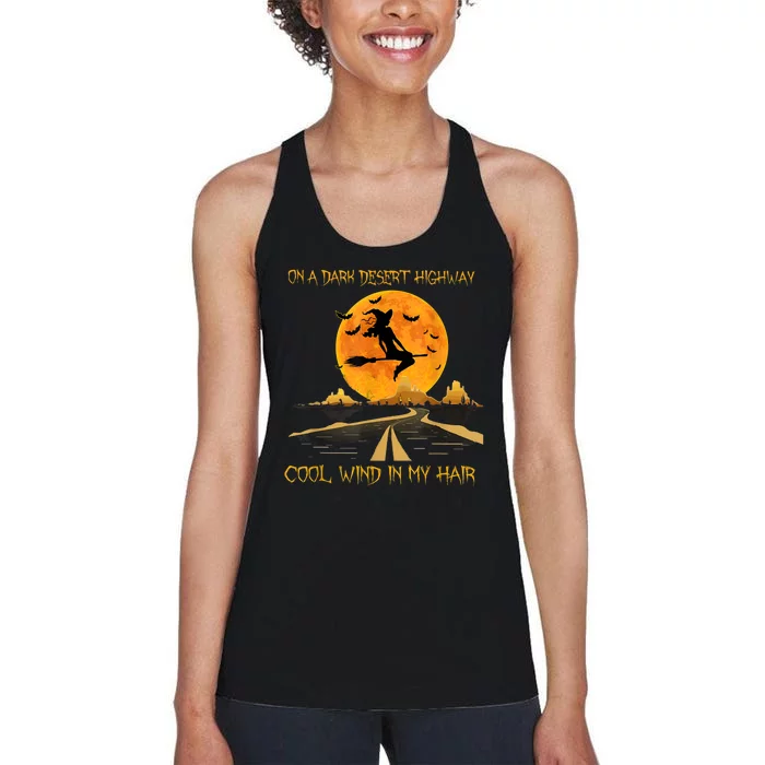 Happy Halloween Witch Riding Brooms On A Dark Desert Highway Women's Racerback Tank