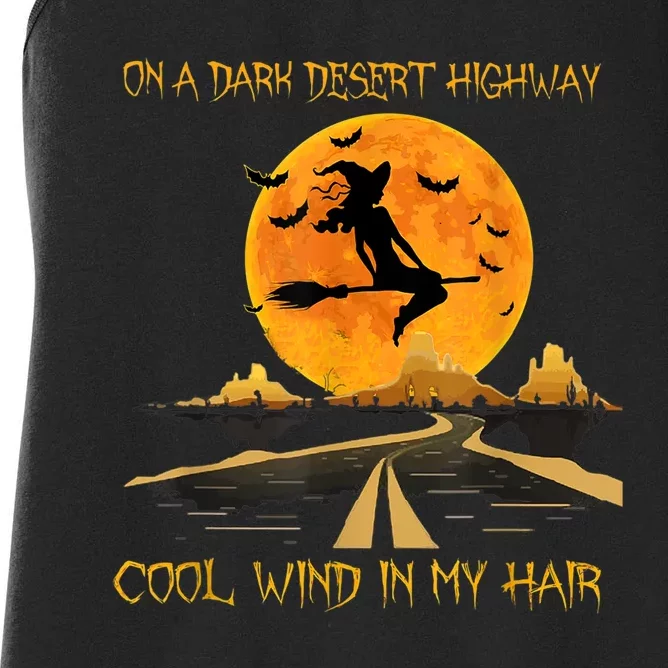 Happy Halloween Witch Riding Brooms On A Dark Desert Highway Women's Racerback Tank