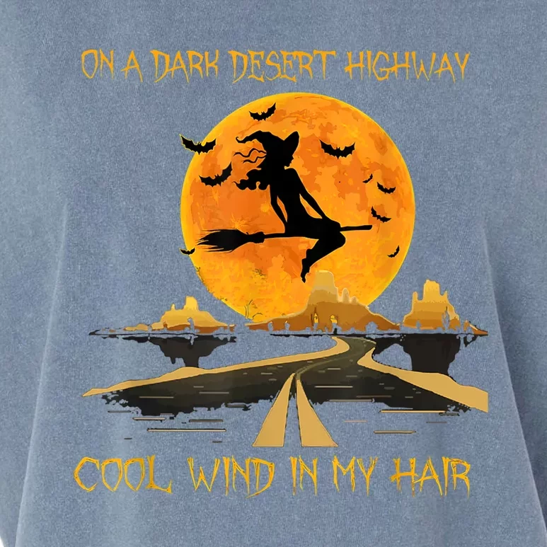 Happy Halloween Witch Riding Brooms On A Dark Desert Highway Garment-Dyed Women's Muscle Tee