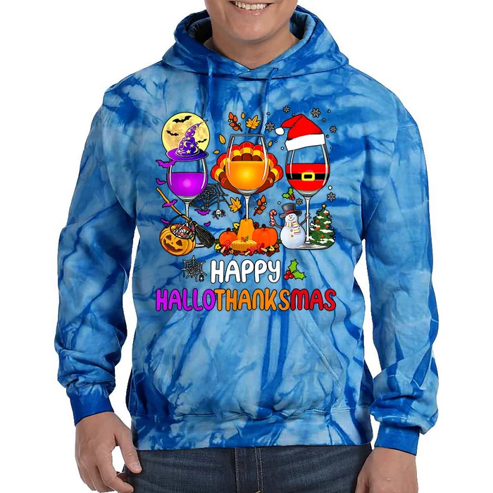 Happy Hallothanksmas Wine Halloween Thanksgiving Christmas Tie Dye Hoodie