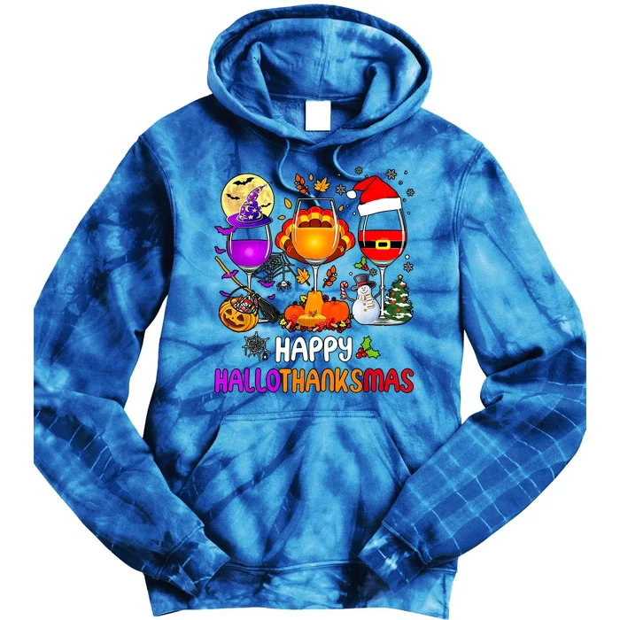 Happy Hallothanksmas Wine Halloween Thanksgiving Christmas Tie Dye Hoodie