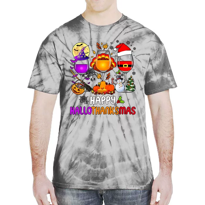 Happy Hallothanksmas Wine Halloween Thanksgiving Christmas Tie-Dye T-Shirt