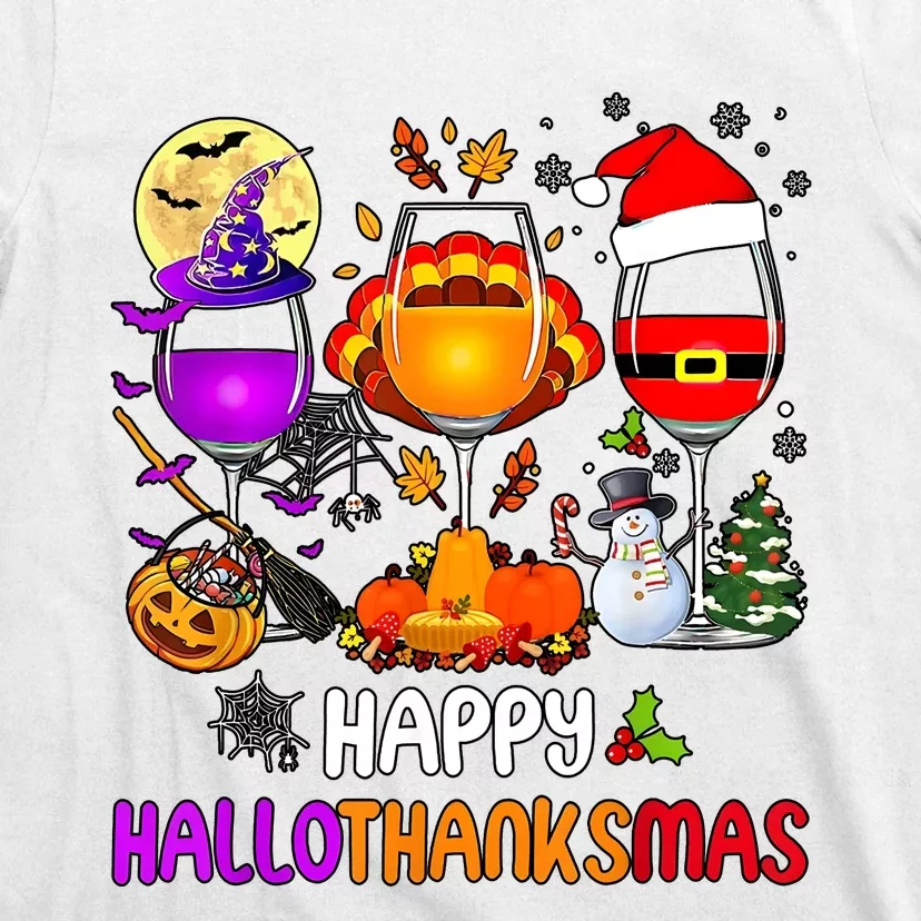 Happy Hallothanksmas Wine Halloween Thanksgiving Christmas T-Shirt