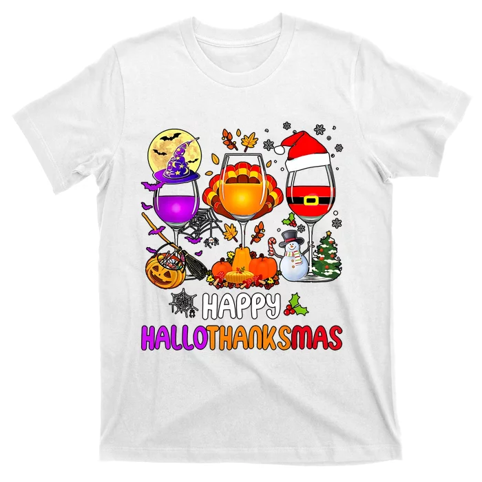 Happy Hallothanksmas Wine Halloween Thanksgiving Christmas T-Shirt