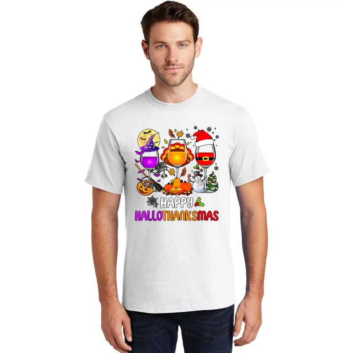 Happy Hallothanksmas Wine Halloween Thanksgiving Christmas Tall T-Shirt