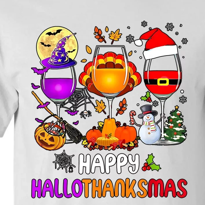 Happy Hallothanksmas Wine Halloween Thanksgiving Christmas Tall T-Shirt