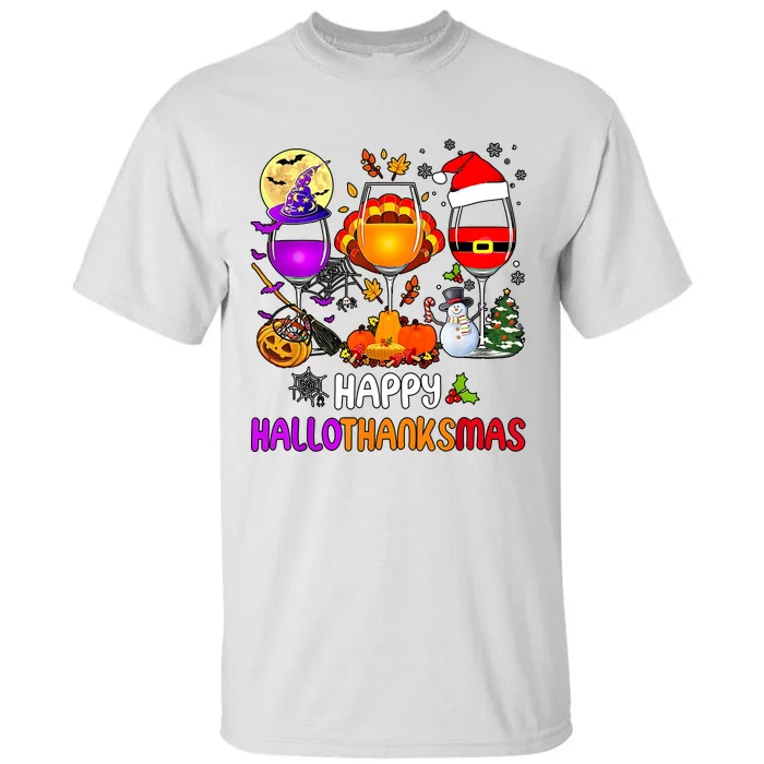 Happy Hallothanksmas Wine Halloween Thanksgiving Christmas Tall T-Shirt