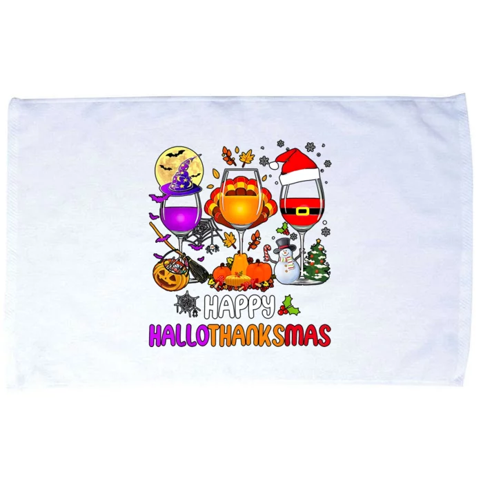 Happy Hallothanksmas Wine Halloween Thanksgiving Christmas Microfiber Hand Towel