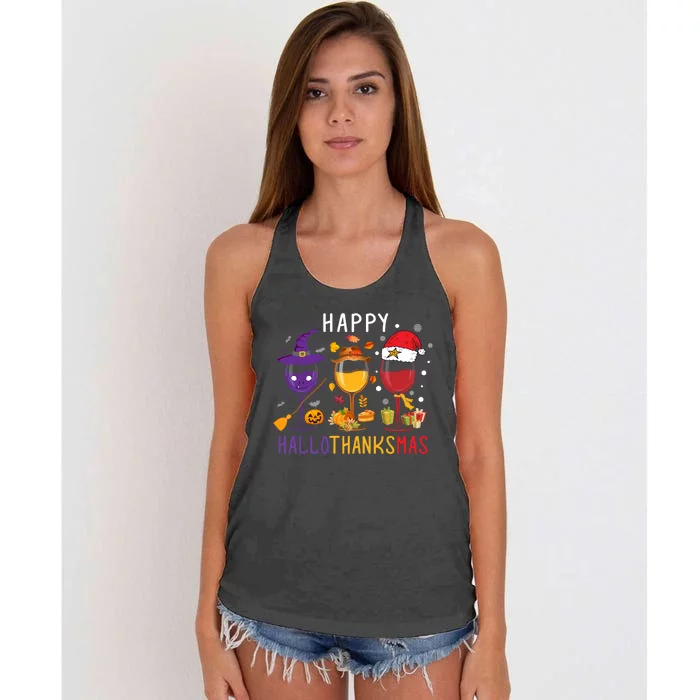 Happy Hallothanksmas Wine Halloween Thanksgiving Christmas Women's Knotted Racerback Tank