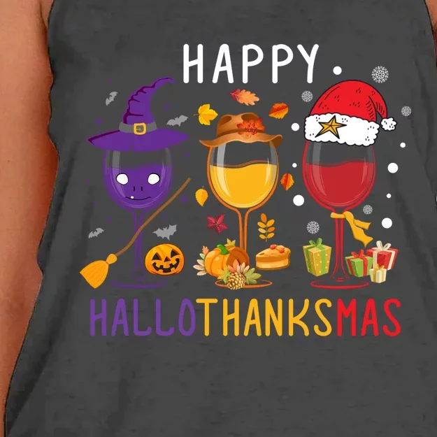 Happy Hallothanksmas Wine Halloween Thanksgiving Christmas Women's Knotted Racerback Tank