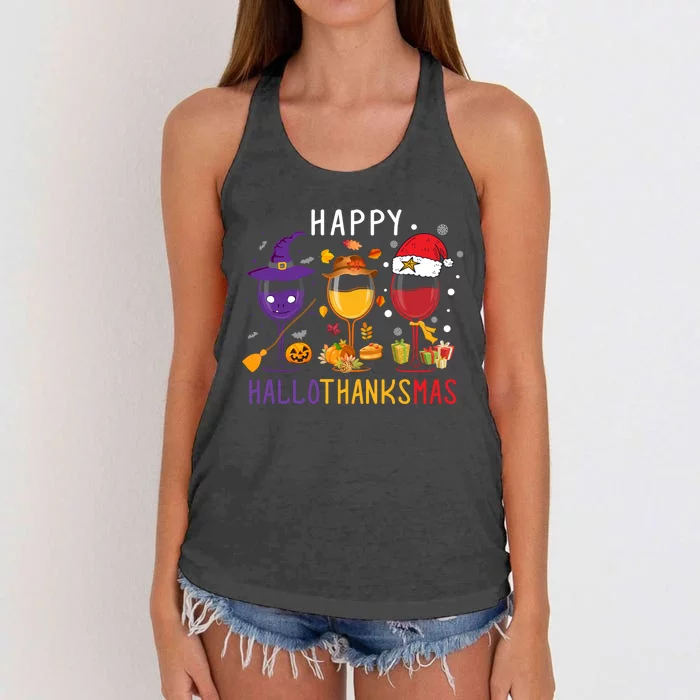 Happy Hallothanksmas Wine Halloween Thanksgiving Christmas Women's Knotted Racerback Tank