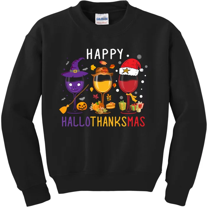 Happy Hallothanksmas Wine Halloween Thanksgiving Christmas Kids Sweatshirt