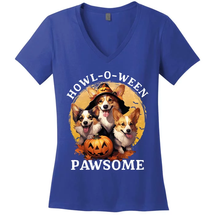 Happy Halloween Witch Welsh Corgi Dog HowlOWeen Pawsome Gift Women's V-Neck T-Shirt