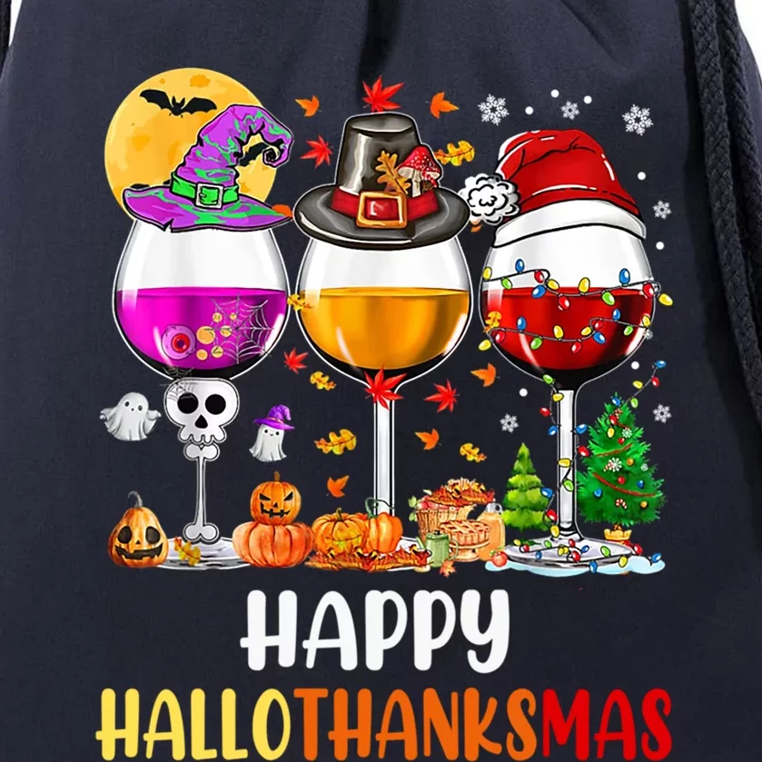 Happy Hallothanksmas Wine Glasses Wine Lover Gift Drawstring Bag