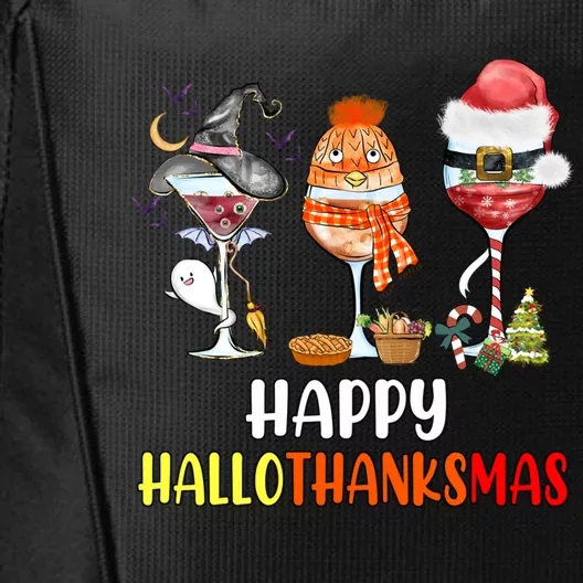 Happy Hallothanksmas Wine Glasses Witch Santa Hat Pumpkin Cute Gift City Backpack