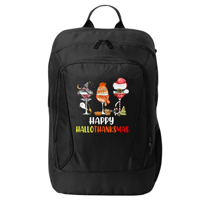 Happy Hallothanksmas Wine Glasses Witch Santa Hat Pumpkin Cute Gift City Backpack