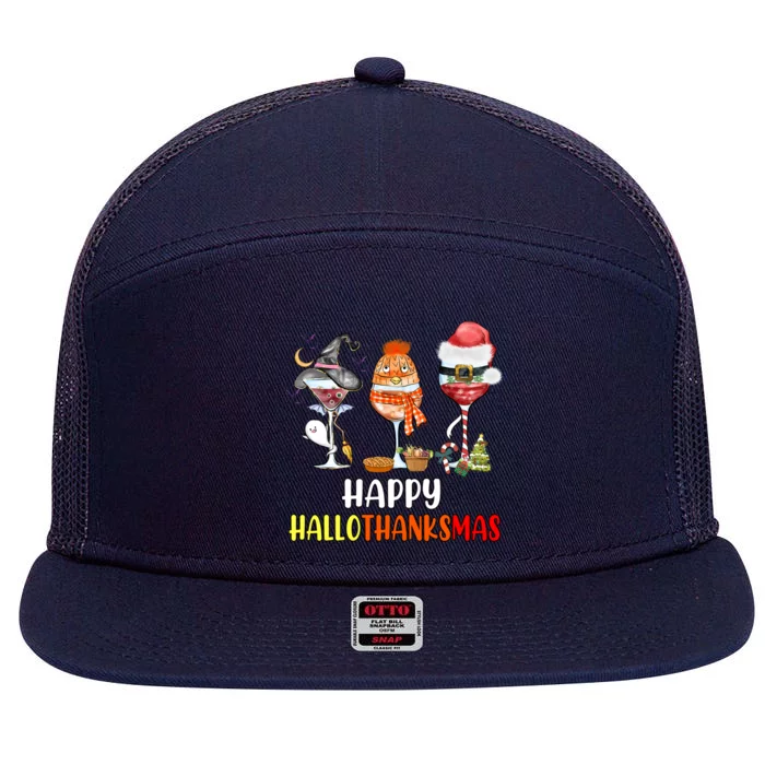 Happy Hallothanksmas Wine Glasses Witch Santa Hat Pumpkin Cute Gift 7 Panel Mesh Trucker Snapback Hat