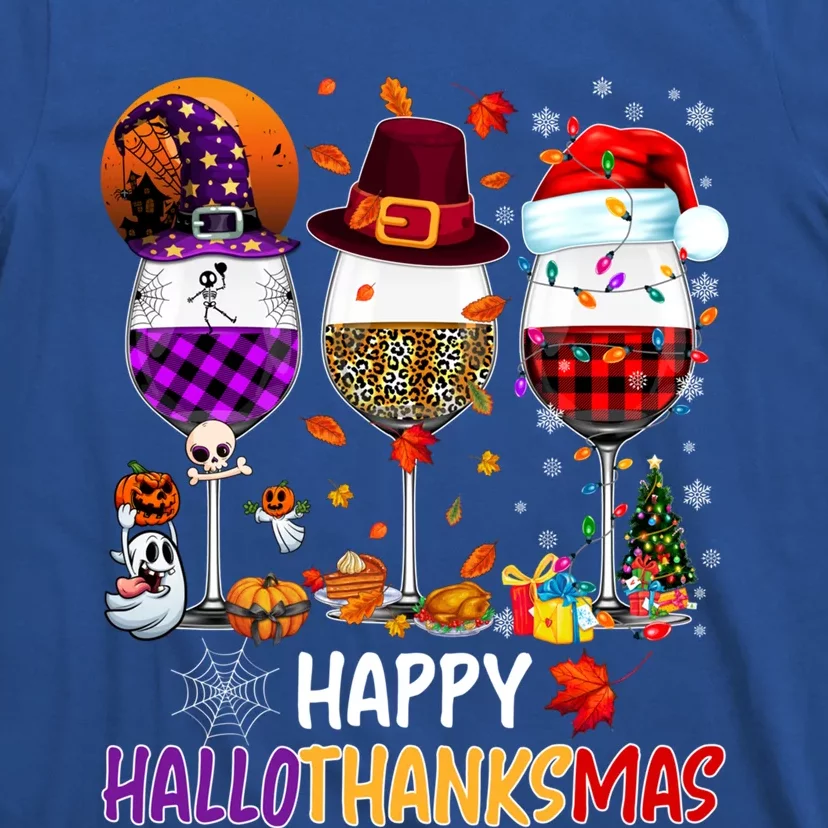 Happy Hallothanksmas Wine Glasses Witch Santa Hat Pumpkin Gift T-Shirt