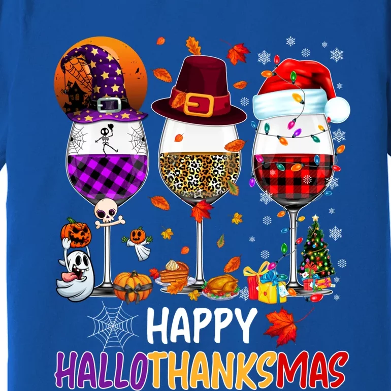 Happy Hallothanksmas Wine Glasses Witch Santa Hat Pumpkin Gift Premium T-Shirt