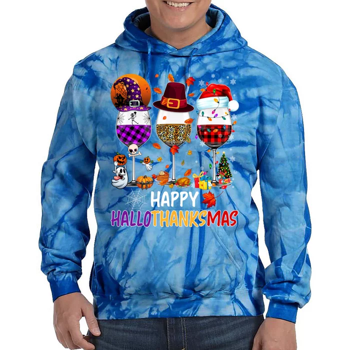 Happy Hallothanksmas Wine Glasses Witch Santa Hat Pumpkin Gift Tie Dye Hoodie