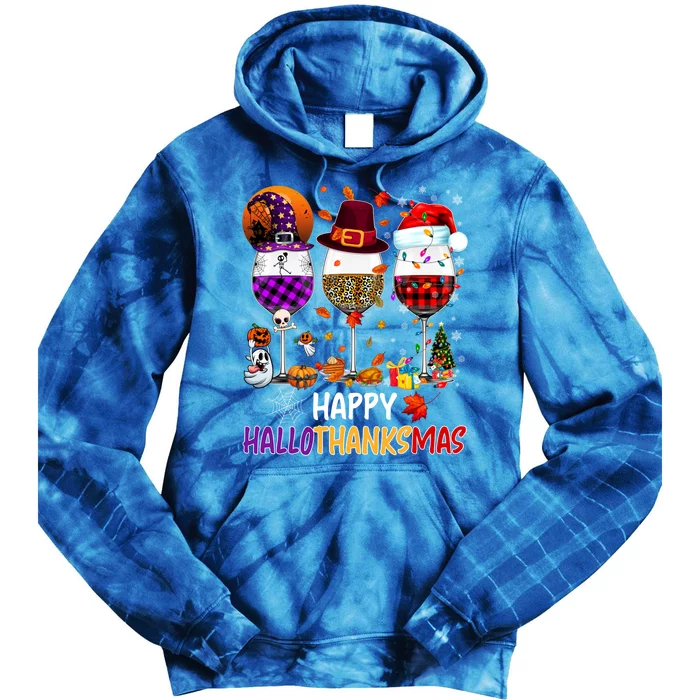 Happy Hallothanksmas Wine Glasses Witch Santa Hat Pumpkin Gift Tie Dye Hoodie