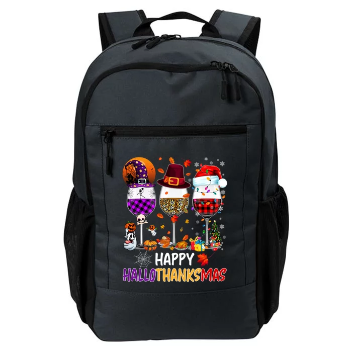 Happy Hallothanksmas Wine Glasses Witch Santa Hat Pumpkin Gift Daily Commute Backpack