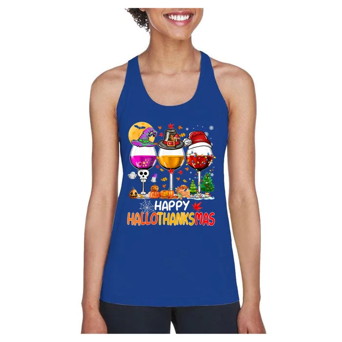 Happy Hallothanksmas Wine Glasses Witch Santa Hat Pumpkin Gift Women's Racerback Tank