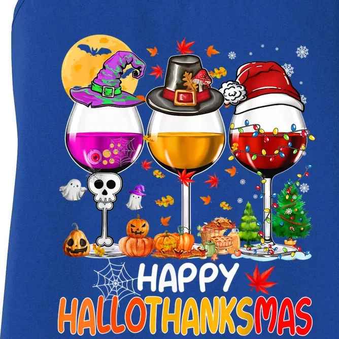 Happy Hallothanksmas Wine Glasses Witch Santa Hat Pumpkin Gift Women's Racerback Tank