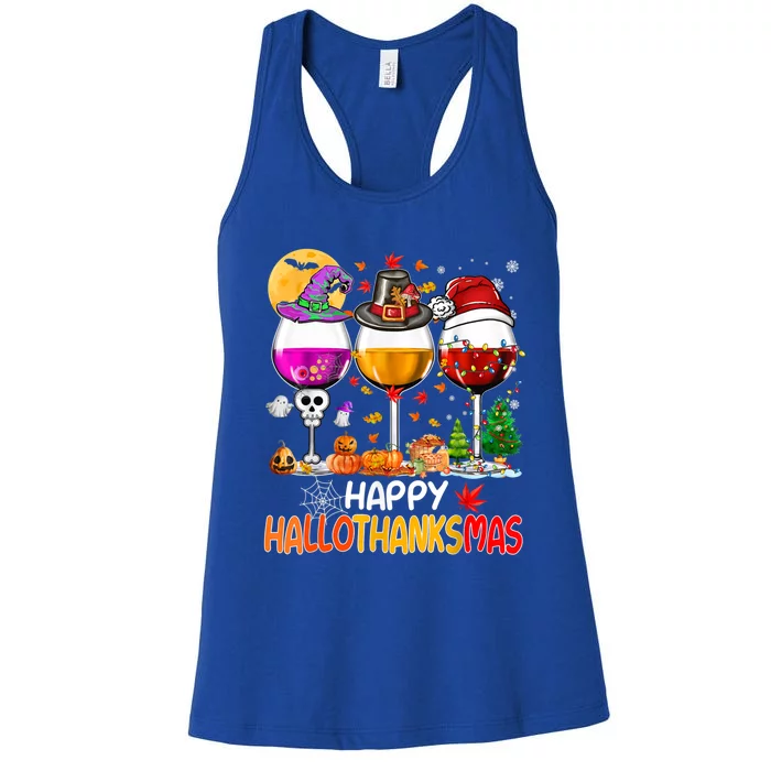 Happy Hallothanksmas Wine Glasses Witch Santa Hat Pumpkin Gift Women's Racerback Tank