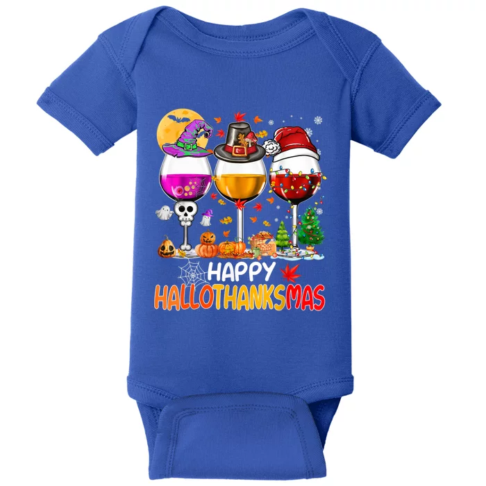 Happy Hallothanksmas Wine Glasses Witch Santa Hat Pumpkin Gift Baby Bodysuit