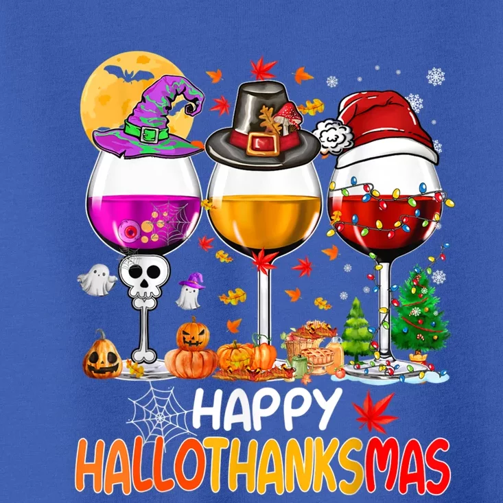 Happy Hallothanksmas Wine Glasses Witch Santa Hat Pumpkin Gift Toddler T-Shirt