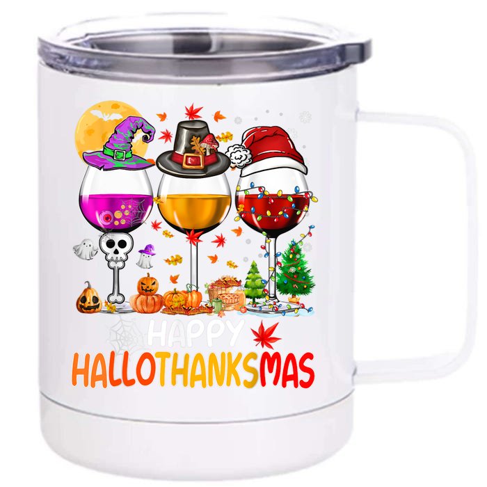 Happy Hallothanksmas Wine Glasses Witch Santa Hat Pumpkin Gift Front & Back 12oz Stainless Steel Tumbler Cup