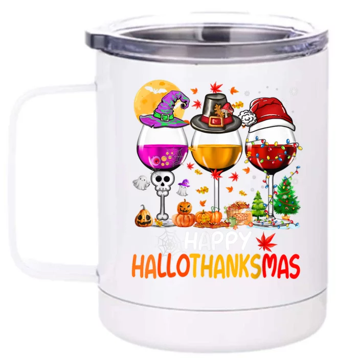 Happy Hallothanksmas Wine Glasses Witch Santa Hat Pumpkin Gift Front & Back 12oz Stainless Steel Tumbler Cup