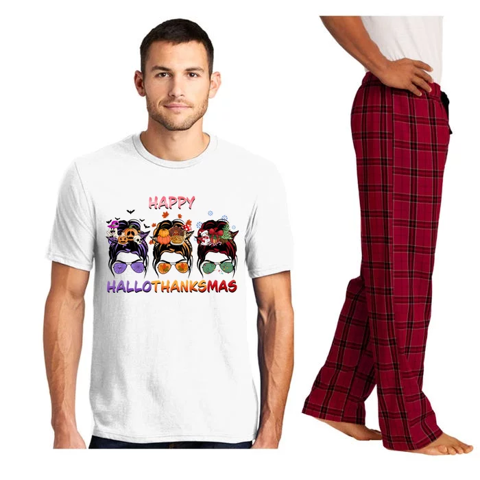 Happy Hallothanksmas Woman Messy Bun Hair Pajama Set