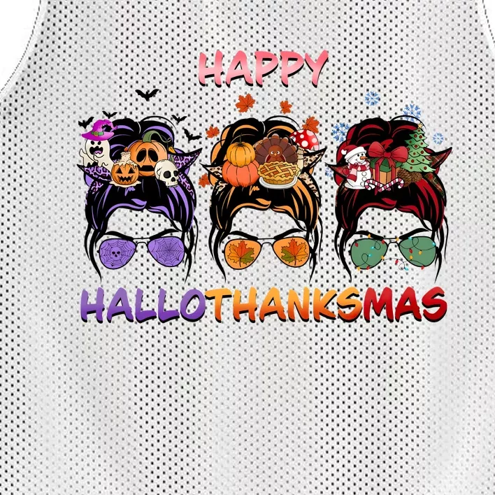 Happy Hallothanksmas Woman Messy Bun Hair Mesh Reversible Basketball Jersey Tank