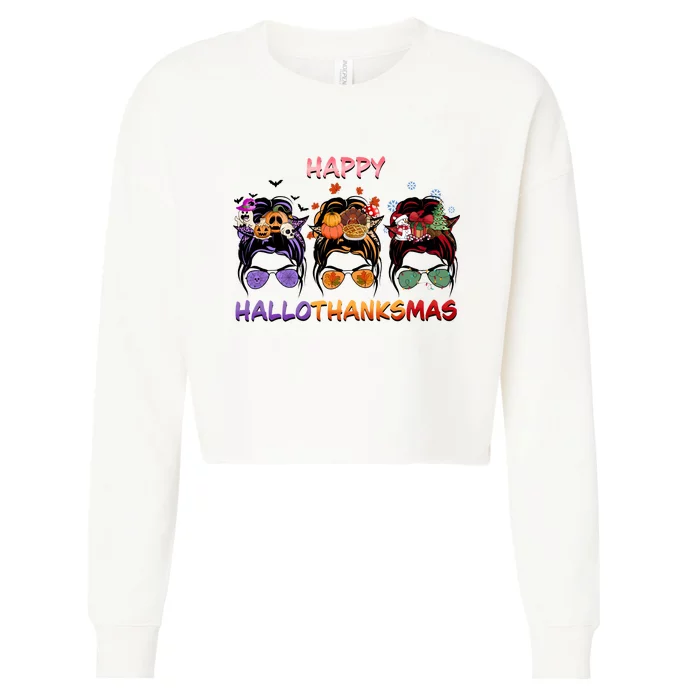 Happy Hallothanksmas Woman Messy Bun Hair Cropped Pullover Crew