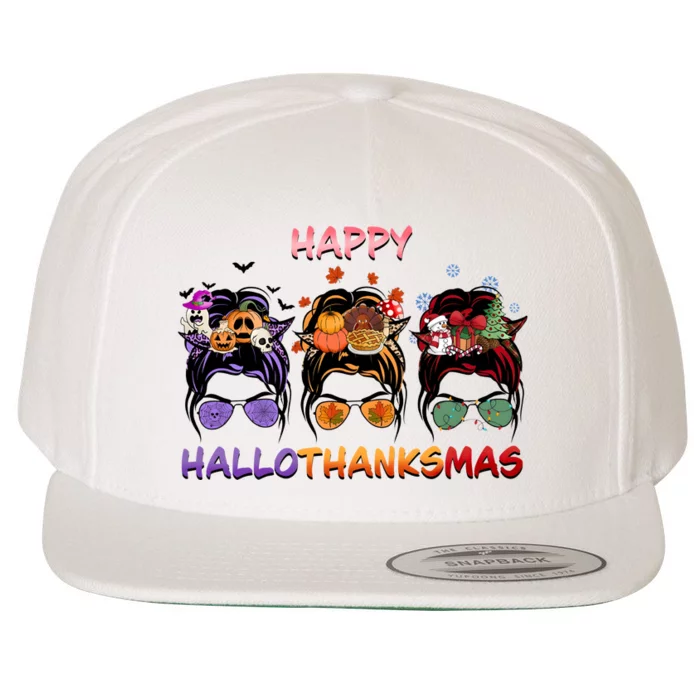 Happy Hallothanksmas Woman Messy Bun Hair Wool Snapback Cap