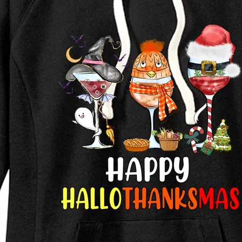 Happy Hallothanksmas Wine Glasses Witch Santa Hat Pumpkin Gift Women's Fleece Hoodie