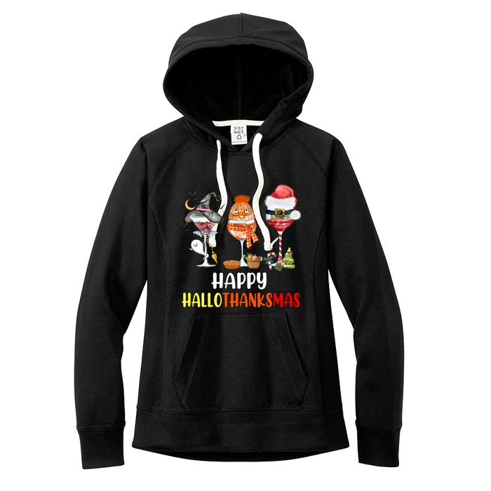 Happy Hallothanksmas Wine Glasses Witch Santa Hat Pumpkin Gift Women's Fleece Hoodie