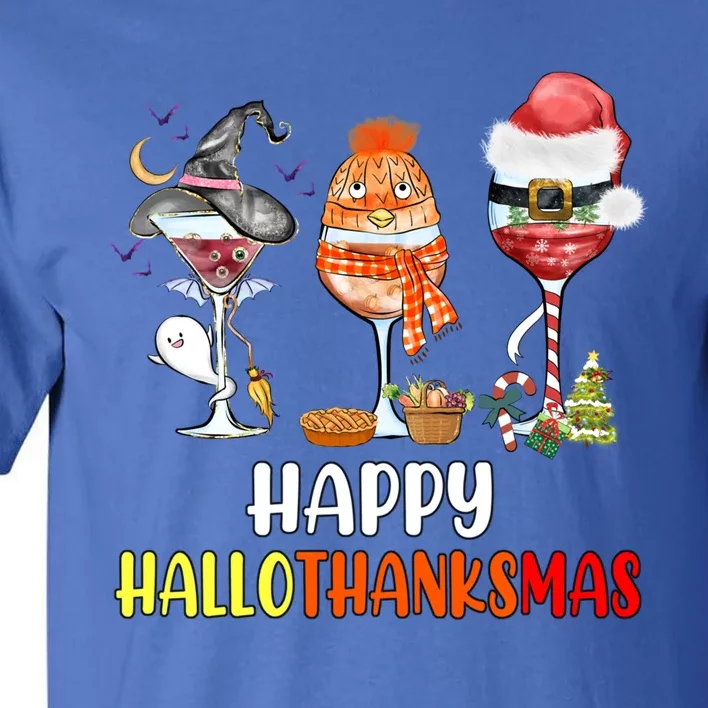 Happy Hallothanksmas Wine Glasses Witch Santa Hat Pumpkin Gift Tall T-Shirt