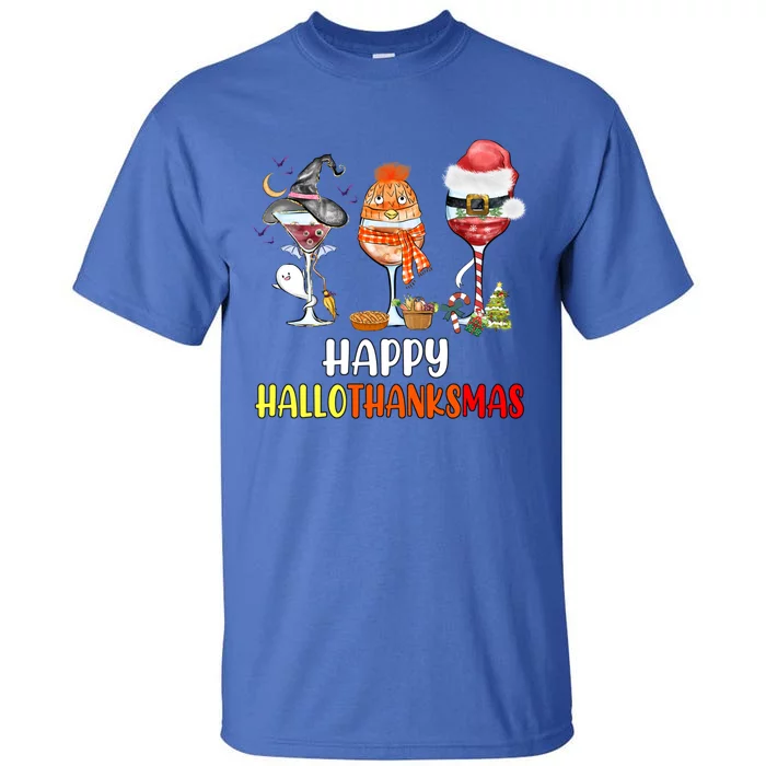 Happy Hallothanksmas Wine Glasses Witch Santa Hat Pumpkin Gift Tall T-Shirt