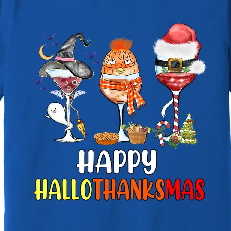 Happy Hallothanksmas Wine Glasses Witch Santa Hat Pumpkin Gift Premium T-Shirt