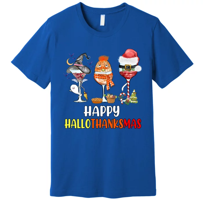 Happy Hallothanksmas Wine Glasses Witch Santa Hat Pumpkin Gift Premium T-Shirt