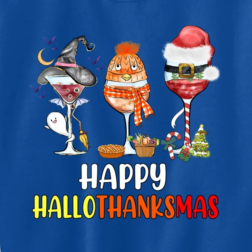 Happy Hallothanksmas Wine Glasses Witch Santa Hat Pumpkin Gift Kids Sweatshirt