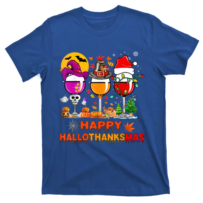 Happy Hallothanksmas Wine Glasses Witch Santa Hat Pumpkin Gift T-Shirt