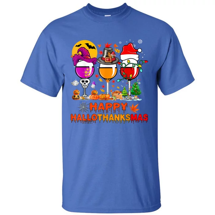 Happy Hallothanksmas Wine Glasses Witch Santa Hat Pumpkin Gift Tall T-Shirt