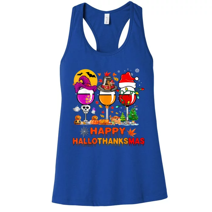 Happy Hallothanksmas Wine Glasses Witch Santa Hat Pumpkin Gift Women's Racerback Tank